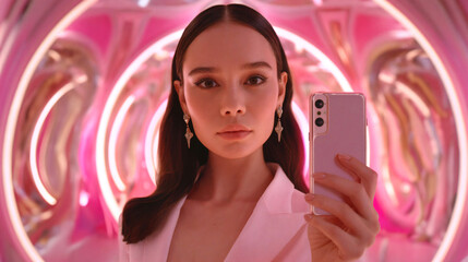 Young woman taking a selfie in a pink neon light tunnel. Generative AI image