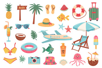 Summer beach travel set. Cute cartoon stickers collection. Summer holiday, beach rest, vacation concept.