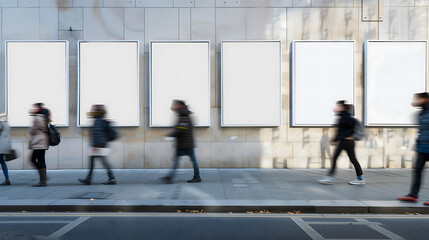 People in motion walk past a series of empty billboards on a city street, a scene of urban life and potential advertising space.
