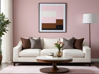 Mockup poster frame in pink living room interior background, interior mockup design, frame mockup