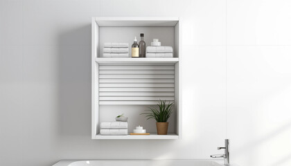 White bathroom cabinet with folded towels a plant and a candle