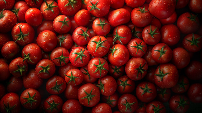 Fresh tomatoes pattern background for market. Close-up tomato texture for sale poster and packaging.