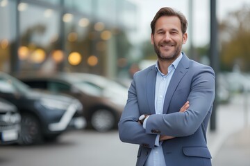 Confident male real estate agent standing outside car showroom Proudly Conveying expertise and accessibility Ready to help buyers of hybrid cars On the background of a car showroom. generative AI