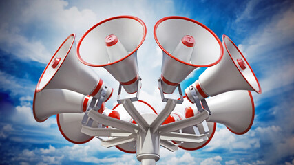 Megaphones in the pole. Public announcement concept. 3D illustration - 792630814