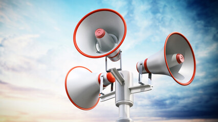 Megaphones in the pole. Public announcement concept. 3D illustration - 792631013
