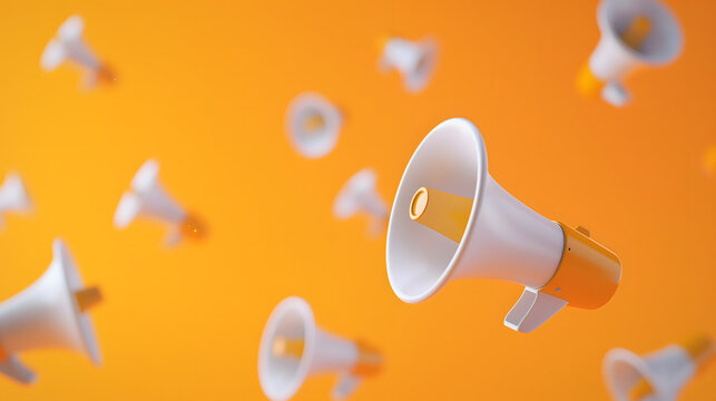 Multiple white megaphones with golden details floating effortlessly against a vibrant orange backdrop.
