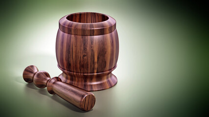 Wooden mortar and pestle isolated on green background. 3D illustration