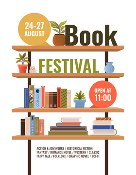 Book festival or fair vertical poster for advertising, promo, invitation, sale. Shelves with various books. Vector multicolored banner. Education and fun event concept. World book day.