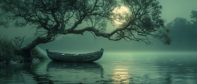 white moon And there was an ancient boat on the quiet lake below The branches of the trees stretched into the water
