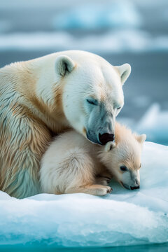 Tender moment between polar bear and cub on ice. Generative AI image