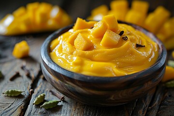 a closeup of a vibrant mango lassi spilling out onto a rustic wooden table Creamy swirls of yellow and orange mingle with chunks of perfectly ripe mango  - obrazy, fototapety, plakaty