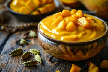 a closeup of a vibrant mango lassi spilling out onto a rustic wooden table Creamy swirls of yellow and orange mingle with chunks of perfectly ripe mango 