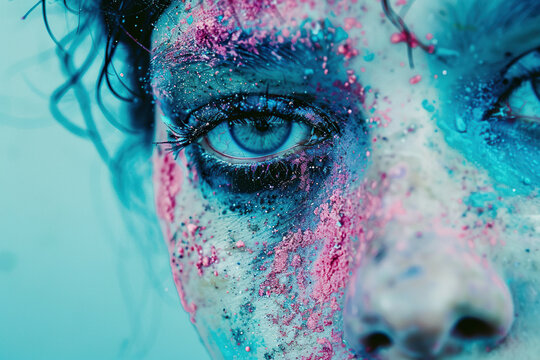 Close-Up of Woman's Face With Blue and Pink Makeup and glitter. Generative AI