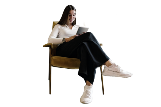 A woman uses a tablet to communicate in a work chat, cut out the background