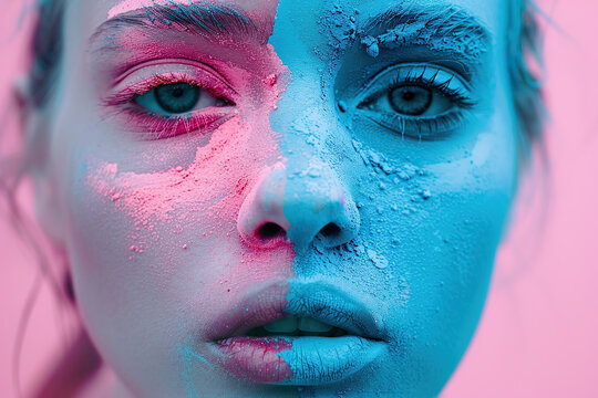 Woman With Blue and Pink Makeup. Generative AI