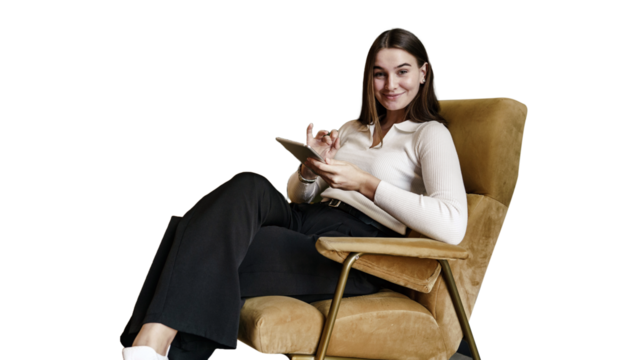 A woman uses a tablet reading an online book, a cut-out background