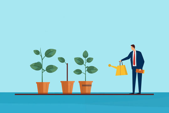 A 2D flat simplistic vector modern style illustration of a business person watering plants representing growth company growing small shoots to larger business increasing size of sector