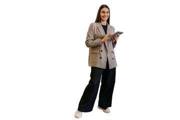 Female secretary business positive emotion uses tablet and internet in office, cut out background