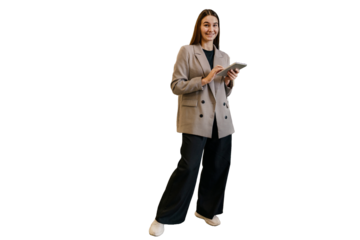 Female secretary business positive emotion uses tablet and internet in office, cut out background