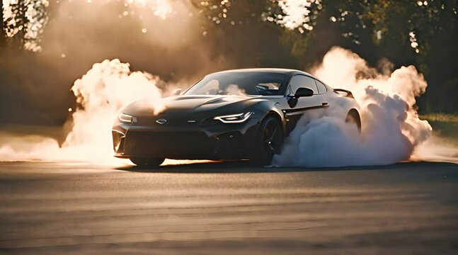 slow motion footage video drifting car tire creating smoke/tire vapor