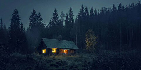Cabin in the middle of the dark night forest. underexposure photo. - Powered by Adobe