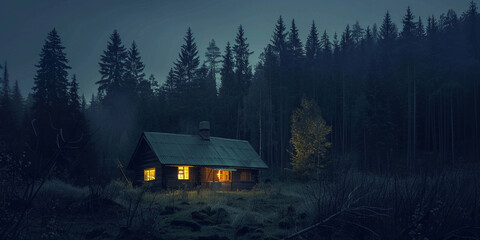 Cabin in the middle of the dark night forest. underexposure photo.