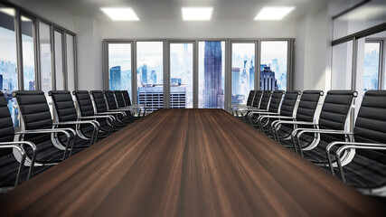 Meeting table and office chairs inside the boardroom. 3D illustration