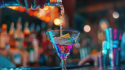 Vibrant cocktail being poured into a martini glass - obrazy, fototapety, plakaty