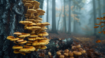 Honey fungus on tree in morning fog autumn forest