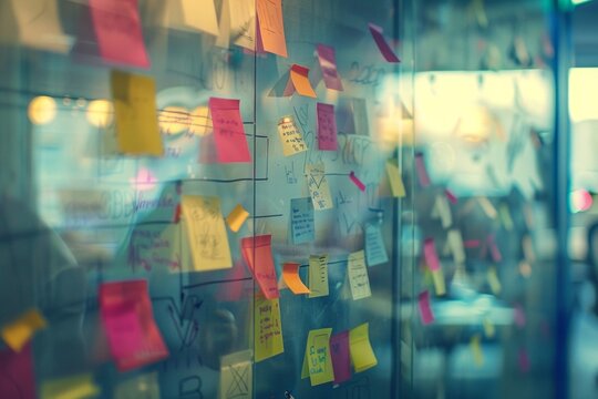 Image of a brainstorming session with sticky notes and markers on a glass whiteboard.