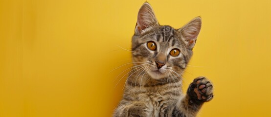 Cute cat showing thumbs up on yellow background with copy space