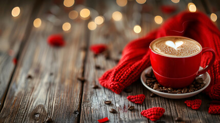 Hot coffee cup on wooden table. Valentines Day concept