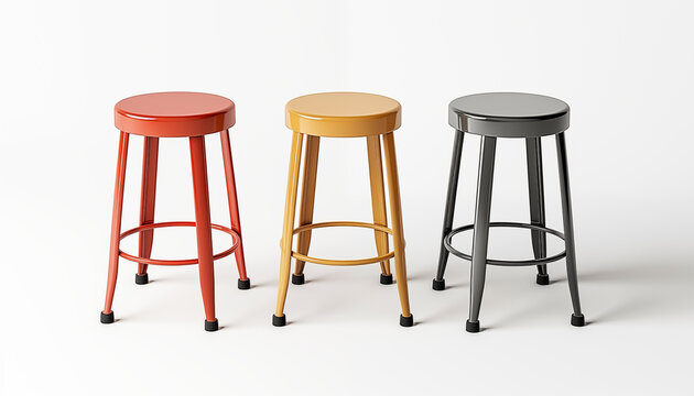 Three metal stools in red yellow and black colors isolated on white background 3D rendering