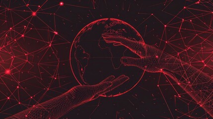 Globe, a schematic representation of the meridians and parallels and two holding, protecting hands from futuristic polygonal red lines AI generated