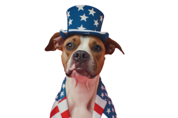 
dog in a top hat and a suit in the colors of the American flag. usa national holiday, independence day. PNG object isolated on transparent background, mockup, design, template, layout, sticker