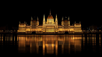 Hungarian Parliament Building in Budapest night view .