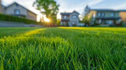 Outdoor green grass lawn with residential background, landscaping design, close up view with natural morning sunlight