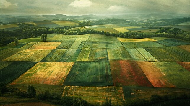 Patchwork farmland, aerial dynamic textures, seasonal colors , hyper detailed