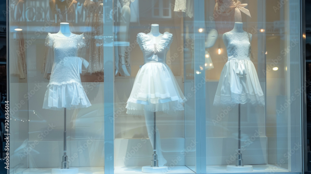 Poster three white dresses are displayed in a window, each with a different style