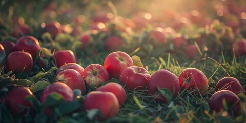 Freshly fallen red apples scattered on the grass, bathed in warm sunset light.