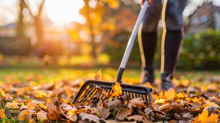 Person raking fallen leaves in a yard on a sunny autumn day.