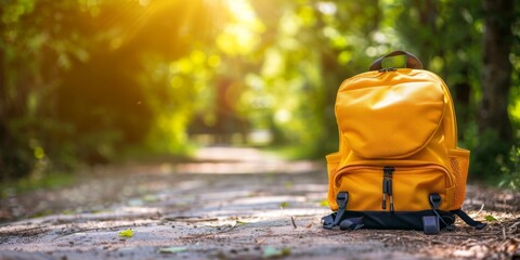 A bright yellow backpack standing on a forest trail illuminated by dappled sunlight.