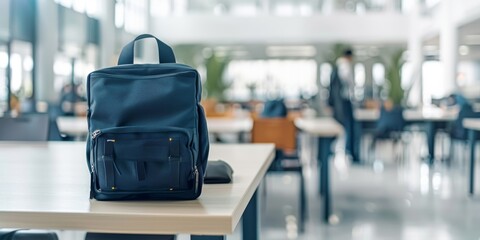 A navy blue backpack rests on a table with blurred figures in a bustling cafeteria setting in the background.