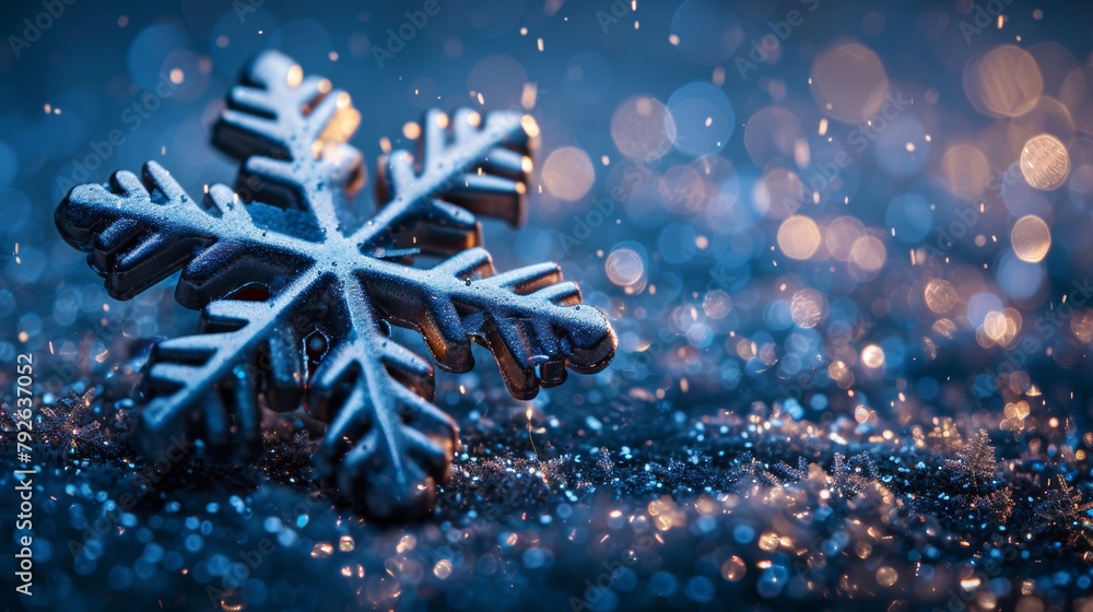 Aufkleber macro shot of an intricate snowflake decoration glistening with a bokeh light effect in the backgrou