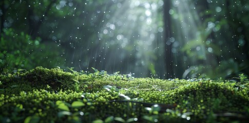 Rain drops on young plants in the forest, moss and grass, sun rays shining through trees