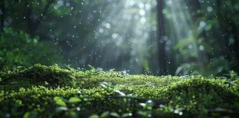 Fotobehang Rain drops on young plants in the forest, moss and grass, sun rays shining through trees © wanna