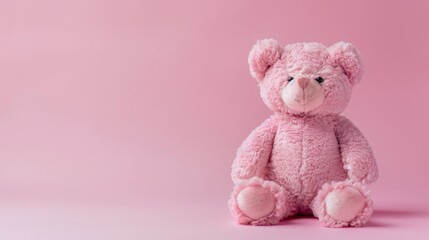 A plush pink teddy bear sitting against a solid pink background, evoking softness and childhood nostalgia.