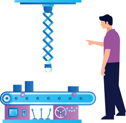 A boy stands next to a production conveyor.