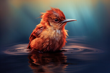 a wet bird with ruffled feathers sitting in water, bathed in soft light, exuding serenity and artistry