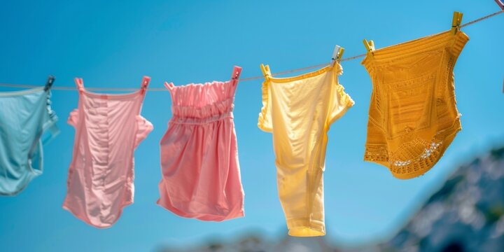 Assorted colorful dresses and undergarments drying on a clothesline against a clear blue sky backdrop.